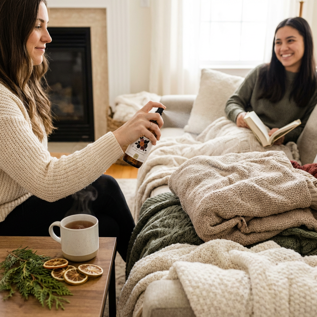 A person in a knit sweater sprays Be Cozy Simmer Mist onto blankets in a cozy living room scene with another person reading.