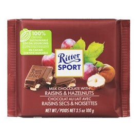 Ritter Sports Milk Chocolate With Raisins & Hazelnuts 100g bar