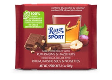Ritter Sports Milk Chocolate With Rum Raisins & Hazelnuts 100g bar