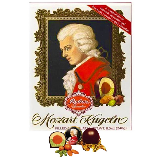Reber Specialties Mozart Classic Pistachio and Almonds Marzipan with Hazelnut Praline Creme covered with Premium Chocolate 240g