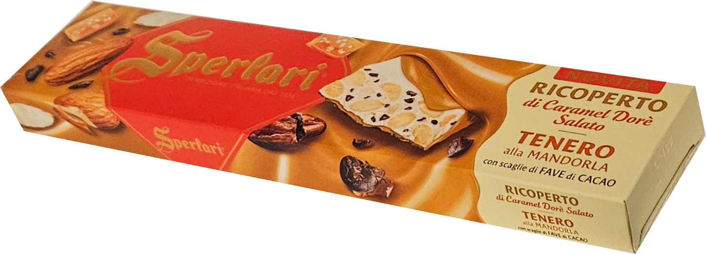 Sperlari Ricoperto di Caramel Dore Salato (Soft Nougat with Almonds andCocoa Nibs) 200g