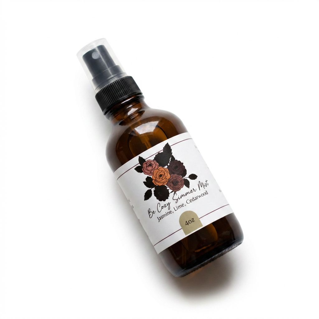 A photorealistic studio product photograph of the Simmer and Co Natural Aroma Inc 'Be Cozy Simmer Mist' amber glass spray bottle, angled left on a white background with a soft shadow.