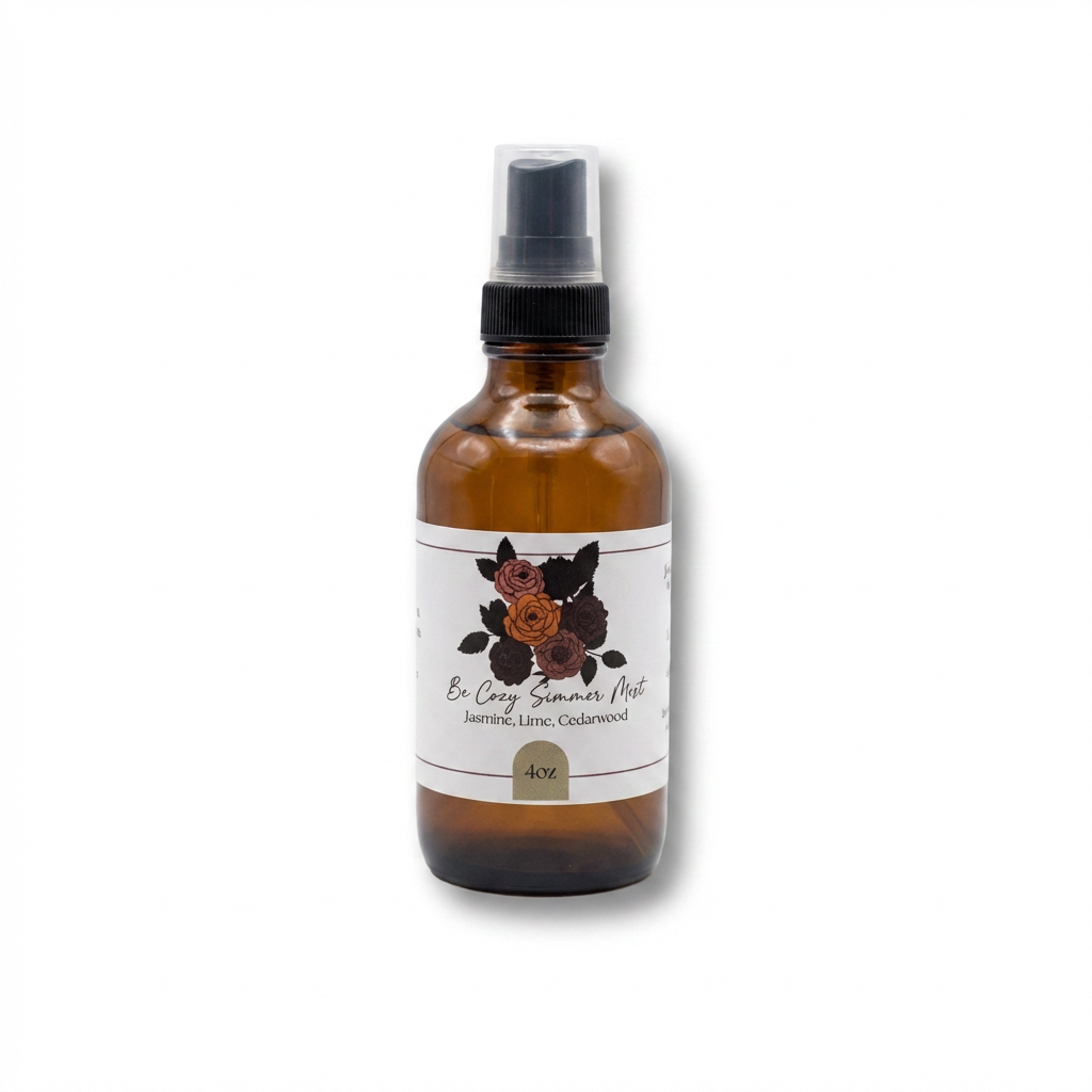 A studio photograph of the amber glass Be Cozy Simmer Mist bottle from the reference image, centered on a white background and angled slightly to the right with a soft shadow.